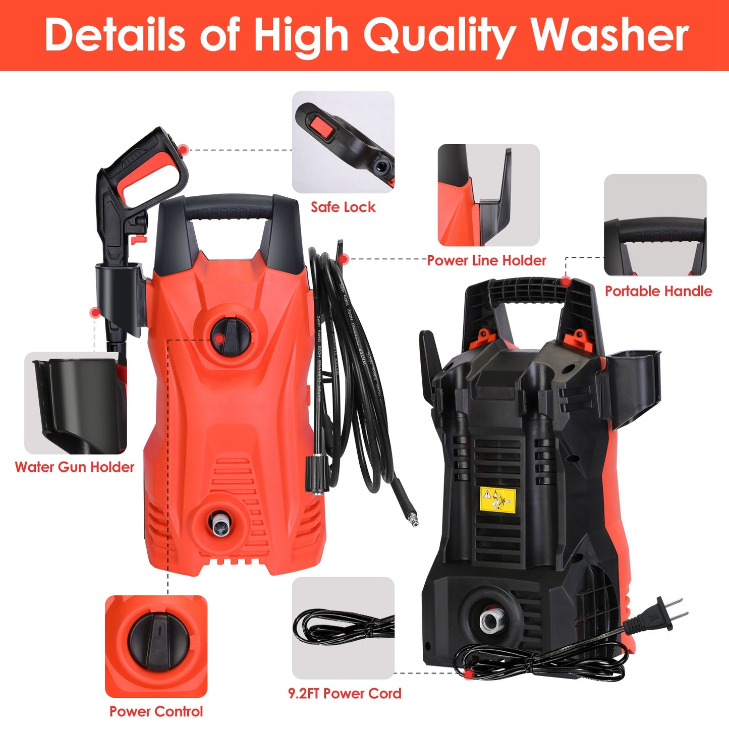 1Pc Electric High Pressure Washer 1740PSI Powerful Car Washer Pressure Cleaner With Adjustable Spray Nozzle Soap Dispenser IPX5 Waterproof For Patio Garden Driveway