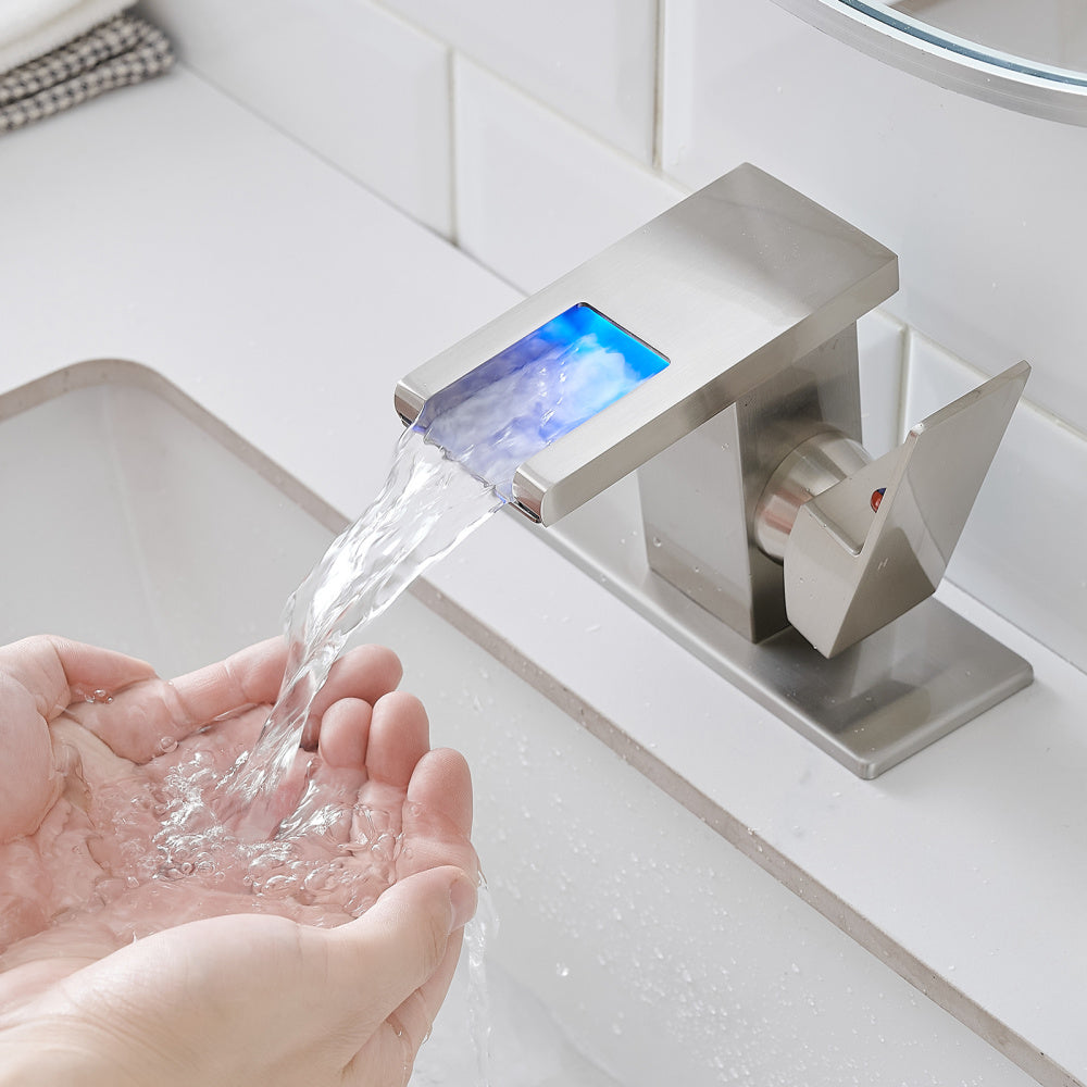 Bathroom Sink Faucet LED Light 3 Colors Changing Waterfall Glass Spout Hot Cold Water Mixer Single Handle One Hole Deck Mounted Bathroom Faucet
