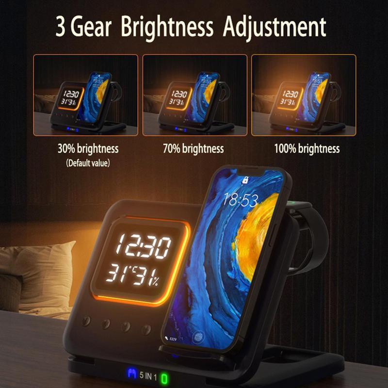 15W Wireless Chargers Stand 5 In1 LED Digital Alarm Clock Fast Charging