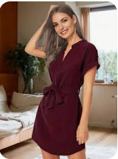 V-neck Short Sleeve Dress with Belt Summer Fashion Bowknot Dresses for Women Clothing