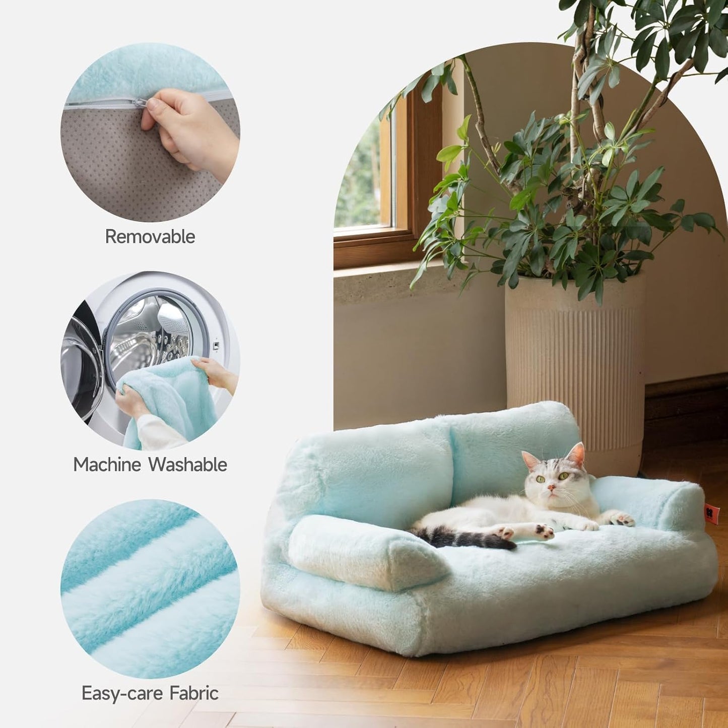 MEWOOFUN Plush Cat Bed for Indoor Cats - Washable 26x19x13 Inch Pet Couch with Non-Slip Bottom, Fluffy Small Dog Bed for Puppies & Kittens, Blue