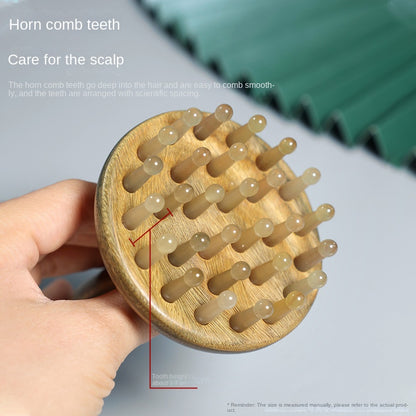 Green Sandalwood Long-Handled Massage Comb With Horn Teeth, Ring Comb, Scalp Massage, Head And Abdomen Meridian Brush, Scraping Massage Tool