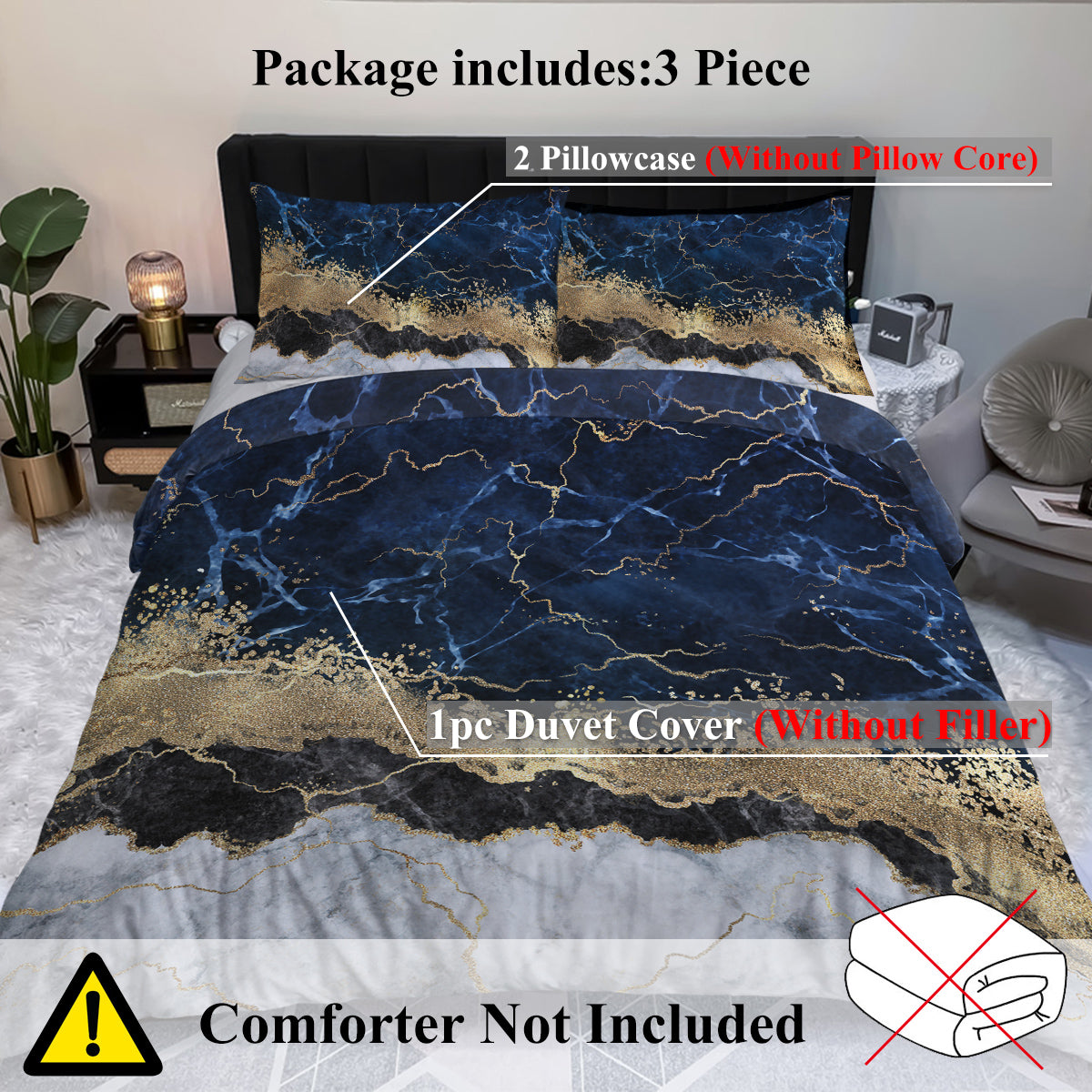 Navy Blue Duvet Cover Set Trendy Printed Design Bed Quilt Cover Set King 1 Duvet Cover 2 Pillowcases