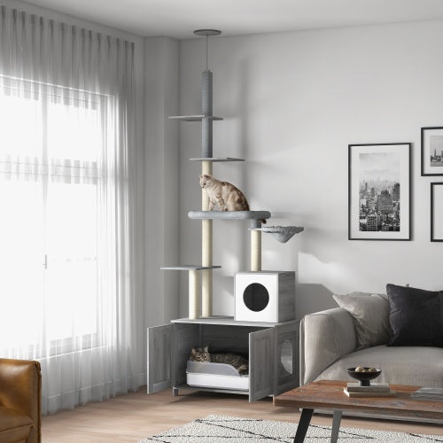 Paw Hut Cat Tree with Litter Box Enclosure, 2 In 1 Floor to Ceiling Cat Tower Litter Box Furniture with Condo