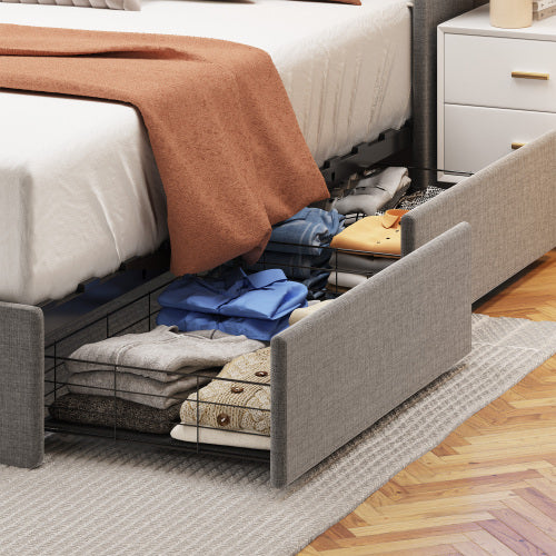 Full Size Bed Frame With LED, 4 Under-bed Portable Storage Drawers, Wings Headboard Design, Light Grey