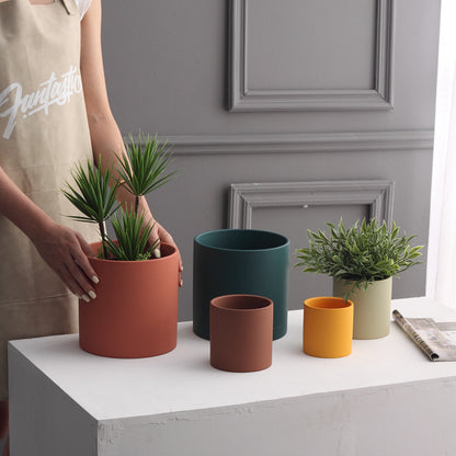 Nordic Industrial Style Colorful Ceramic Flowerpot Succulent Planter Green Plants Cylindrical Shape Flowerpot with Hole Tray