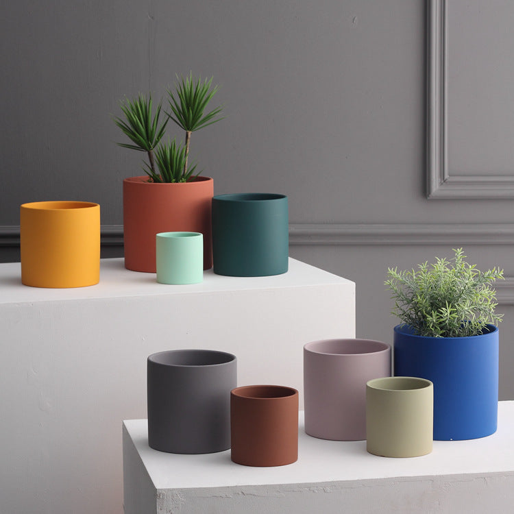 Nordic Industrial Style Colorful Ceramic Flowerpot Succulent Planter Green Plants Cylindrical Shape Flowerpot with Hole Tray