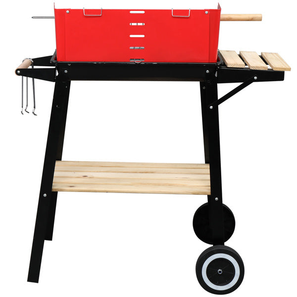 85X42X86cm Black And Red Four Legged Wheeled Square Enamel Carbon Oven