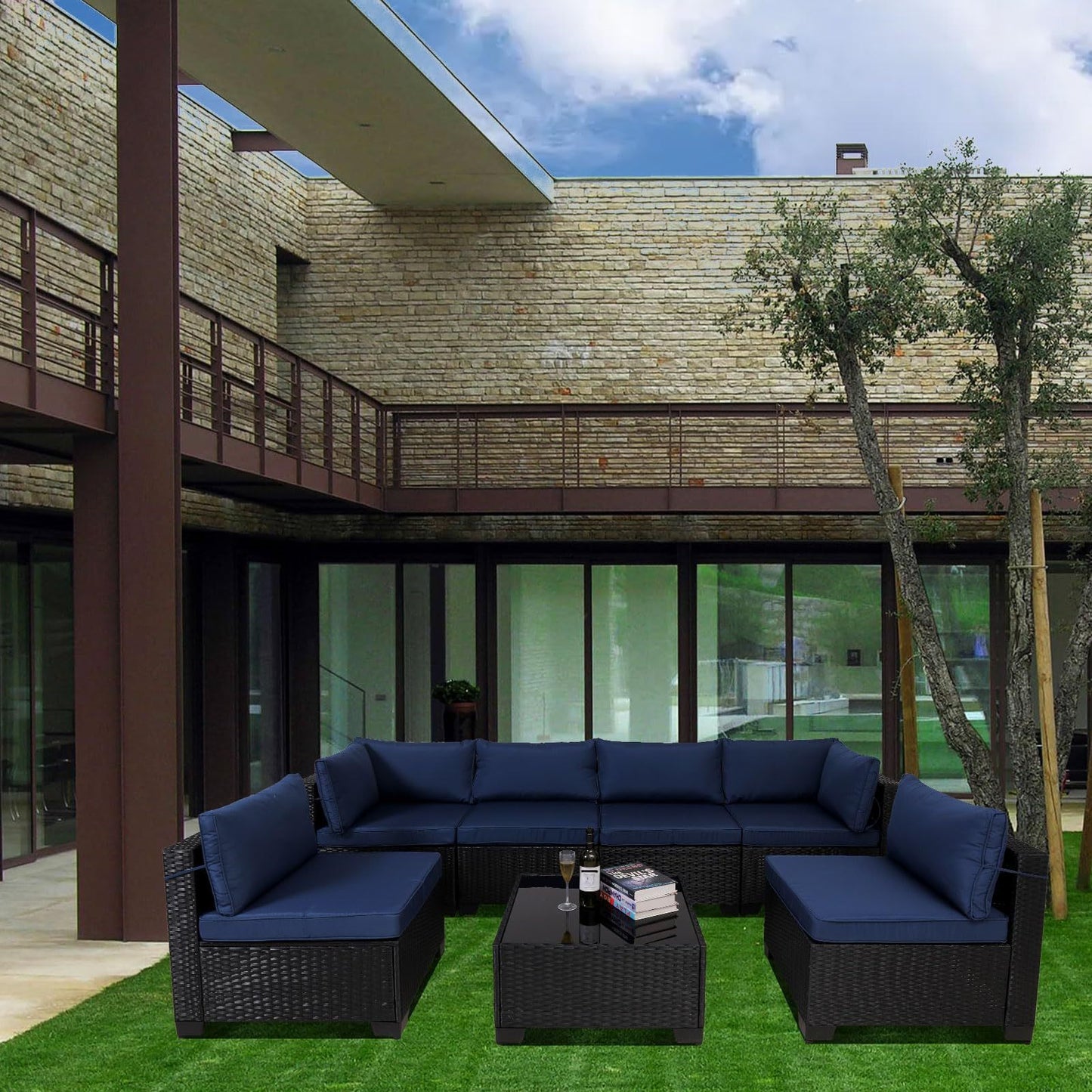 7 Pieces Outdoor Rattan Patio Sectional Set, Black Wicker Furniture Conversation Sets with Washable Cushions & Glass Coffee Table for Garden, Poolside, Backyard