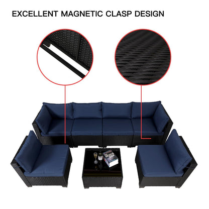7 Pieces Outdoor Rattan Patio Sectional Set, Black Wicker Furniture Conversation Sets with Washable Cushions & Glass Coffee Table for Garden, Poolside, Backyard