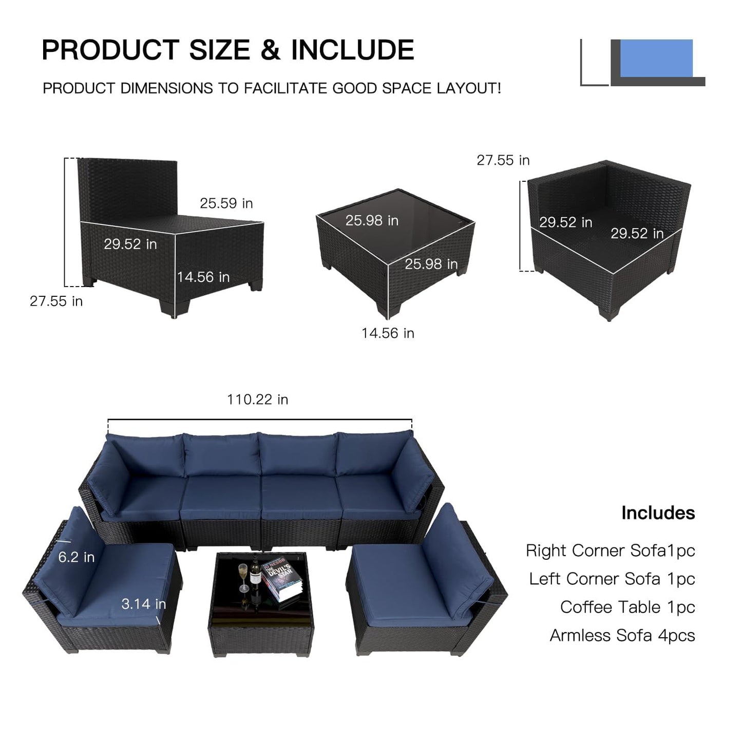 7 Pieces Outdoor Rattan Patio Sectional Set, Black Wicker Furniture Conversation Sets with Washable Cushions & Glass Coffee Table for Garden, Poolside, Backyard