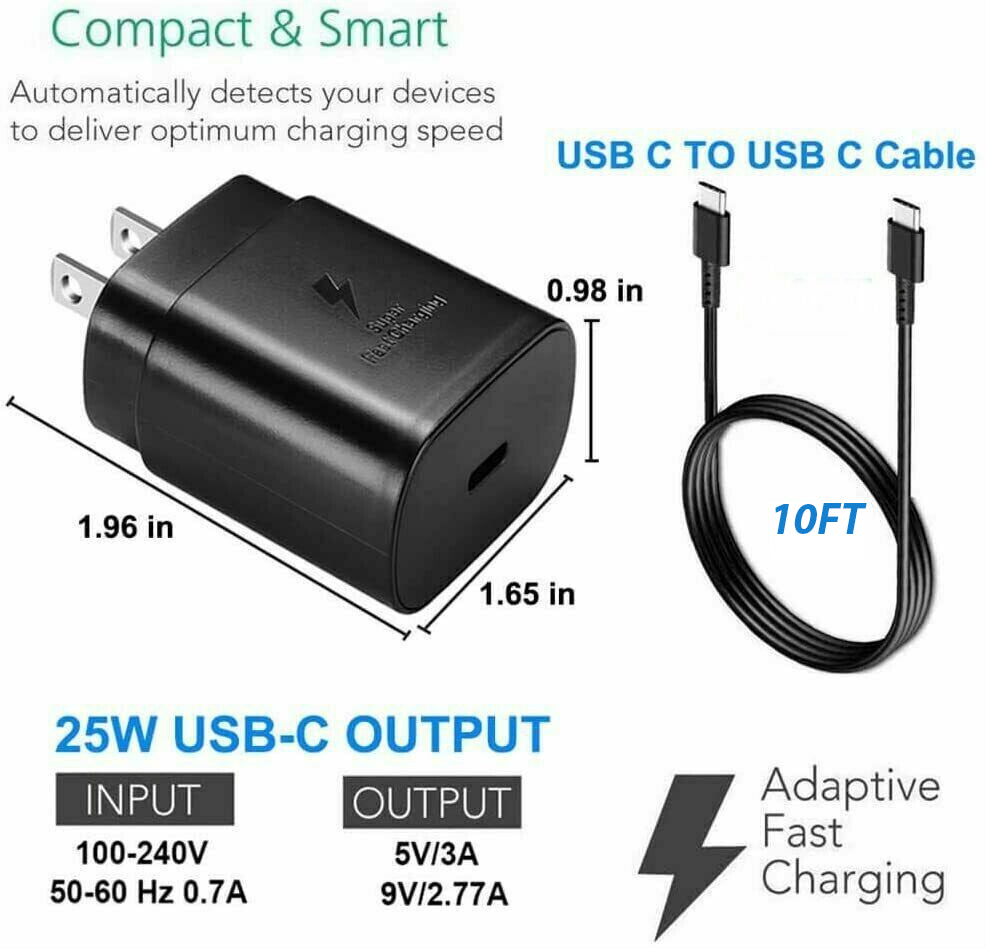 25w Super-Fast Charger Type USB-C 10FT Cable for Galaxy S23 S22 S21 S20