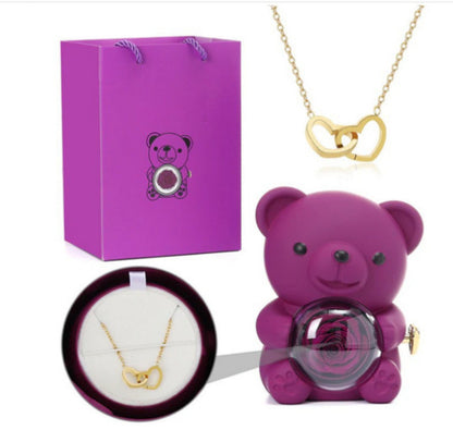 Eternal Rose Teddy Bear Gifts Box with Necklace Rotate Rose Jewelry Box Valentine Wedding Storage Gift Case for Women Girlfriend