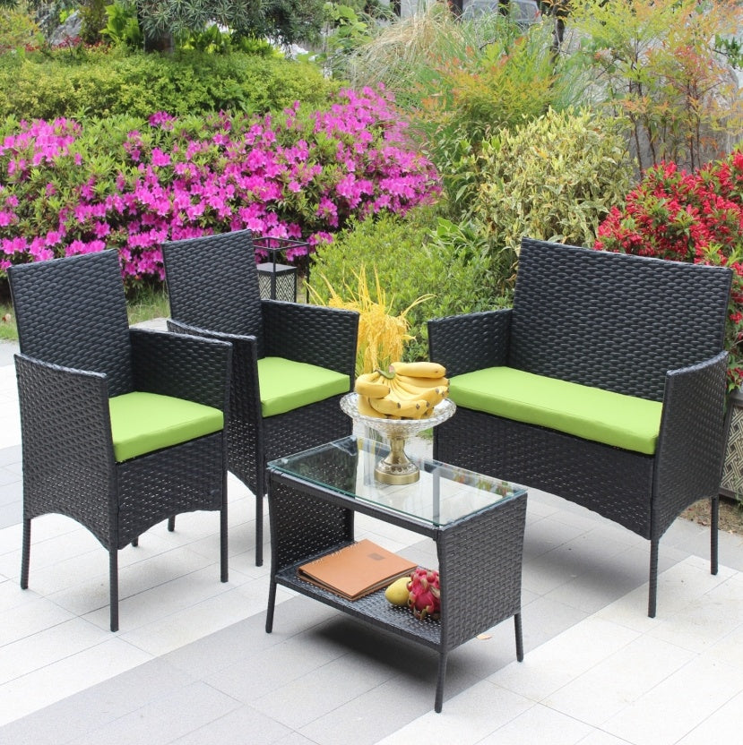 4PC Rattan Patio Furniture Set Outdoor Wicker Sofa W Green Cushions