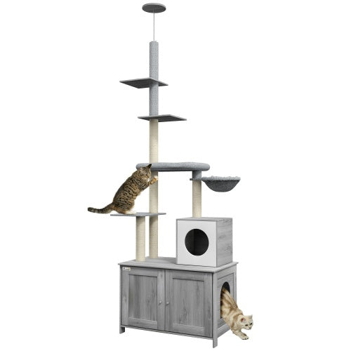 Paw Hut Cat Tree with Litter Box Enclosure, 2 In 1 Floor to Ceiling Cat Tower Litter Box Furniture with Condo