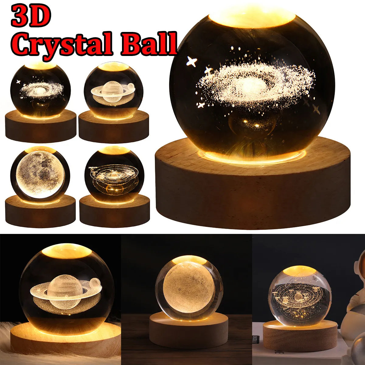 LED Night Light Galaxy Crystal Ball Table Lamp 3D Planet Moon Lamp Bedroom Home Decor for Kids Party Children Birthday Gifts