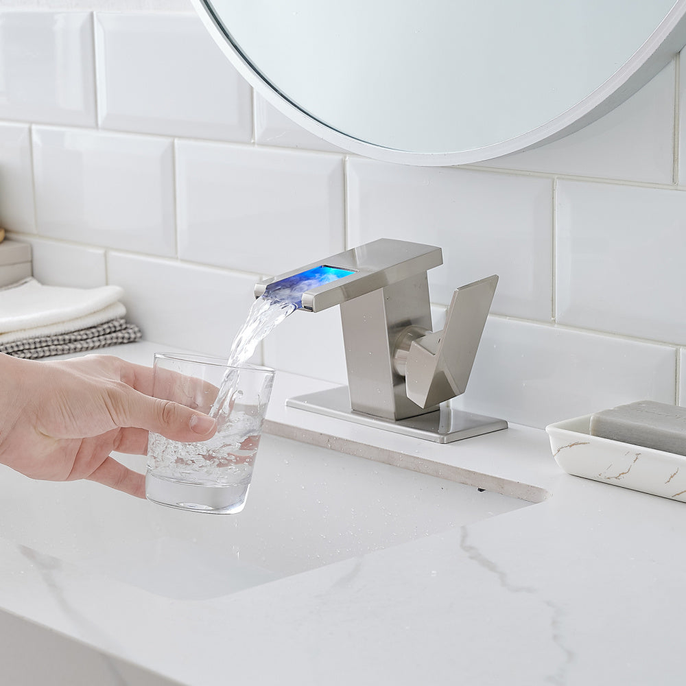 Bathroom Sink Faucet LED Light 3 Colors Changing Waterfall Glass Spout Hot Cold Water Mixer Single Handle One Hole Deck Mounted Bathroom Faucet