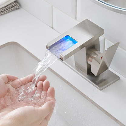 Bathroom Sink Faucet LED Light 3 Colors Changing Waterfall Glass Spout Hot Cold Water Mixer Single Handle One Hole Deck Mounted Bathroom Faucet