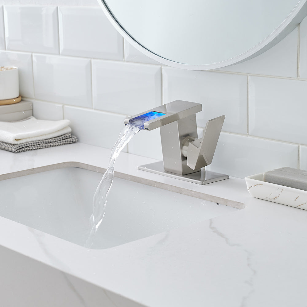 Bathroom Sink Faucet LED Light 3 Colors Changing Waterfall Glass Spout Hot Cold Water Mixer Single Handle One Hole Deck Mounted Bathroom Faucet