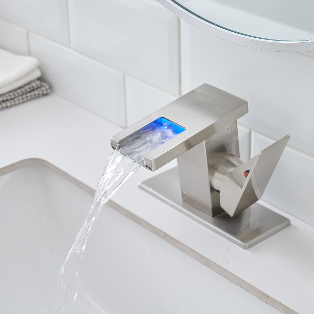 Bathroom Sink Faucet LED Light 3 Colors Changing Waterfall Glass Spout Hot Cold Water Mixer Single Handle One Hole Deck Mounted Bathroom Faucet