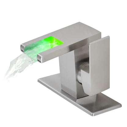 Bathroom Sink Faucet LED Light 3 Colors Changing Waterfall Glass Spout Hot Cold Water Mixer Single Handle One Hole Deck Mounted Bathroom Faucet