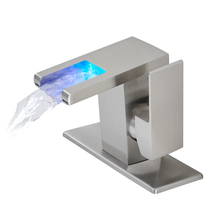 Bathroom Sink Faucet LED Light 3 Colors Changing Waterfall Glass Spout Hot Cold Water Mixer Single Handle One Hole Deck Mounted Bathroom Faucet