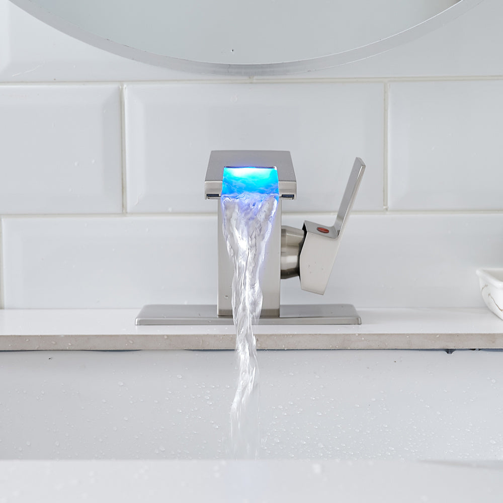Bathroom Sink Faucet LED Light 3 Colors Changing Waterfall Glass Spout Hot Cold Water Mixer Single Handle One Hole Deck Mounted Bathroom Faucet