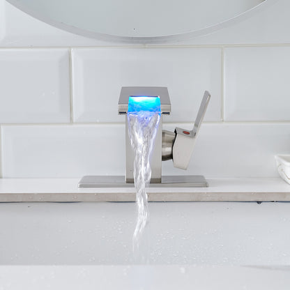 Bathroom Sink Faucet LED Light 3 Colors Changing Waterfall Glass Spout Hot Cold Water Mixer Single Handle One Hole Deck Mounted Bathroom Faucet