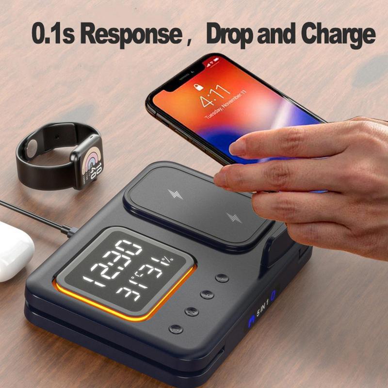 15W Wireless Chargers Stand 5 In1 LED Digital Alarm Clock Fast Charging