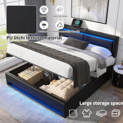 Upholstered Bed 135 X 190 McDougle Bed-4ft6, with USB Port Supports Wireless and Wired Charging, With LED Lighting and Storage Space, Without Mattress, PU-Lychee Design, Black