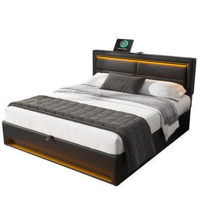 Upholstered Bed 135 X 190 McDougle Bed-4ft6, with USB Port Supports Wireless and Wired Charging, With LED Lighting and Storage Space, Without Mattress, PU-Lychee Design, Black
