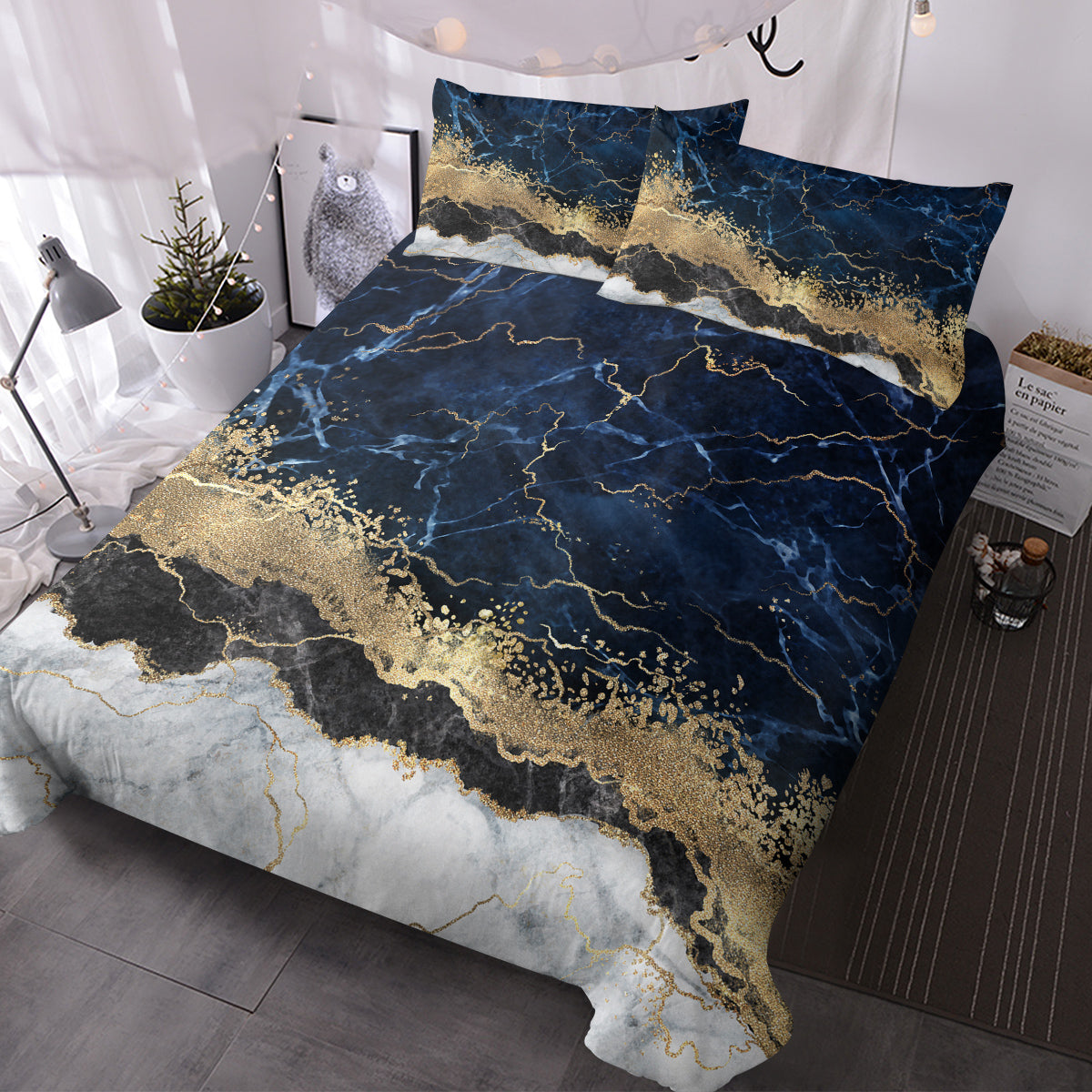 Navy Blue Duvet Cover Set Trendy Printed Design Bed Quilt Cover Set King 1 Duvet Cover 2 Pillowcases