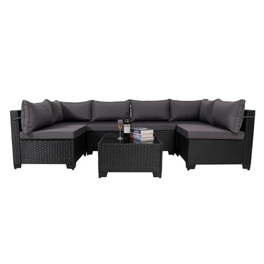 7 Pieces Outdoor Rattan Patio Sectional Set, Black Wicker Furniture Conversation Sets with Washable Cushions & Glass Coffee Table for Garden, Poolside, Backyard