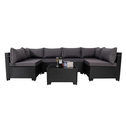 7 Pieces Outdoor Rattan Patio Sectional Set, Black Wicker Furniture Conversation Sets with Washable Cushions & Glass Coffee Table for Garden, Poolside, Backyard