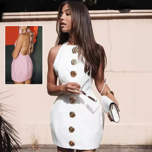 Sleeveless Backless Dress With Rose Button Short Dress