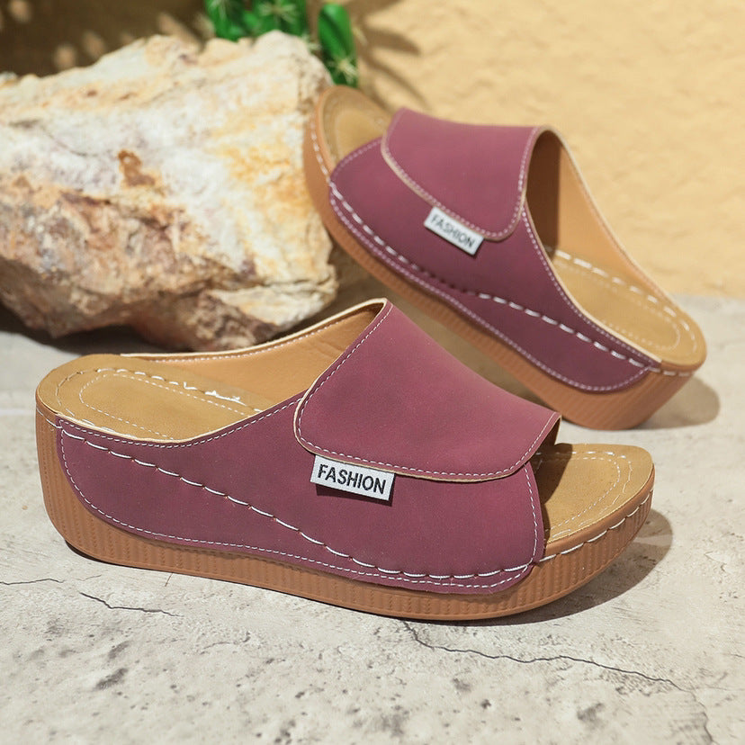 Summer Wedge Slides Slippers Fashion Fish Mouth Thick Bottom Roman Shoes Solid Color Beach Sandals for Women
