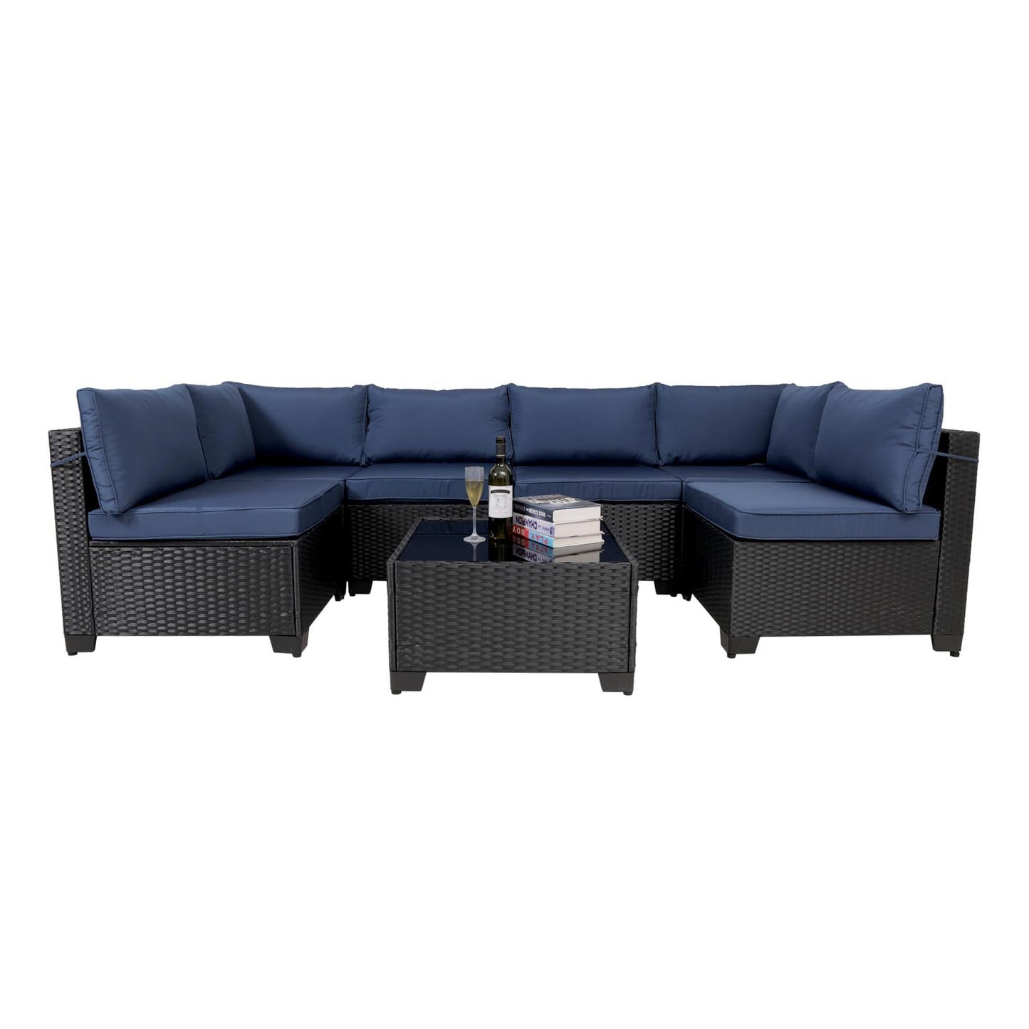 7 Pieces Outdoor Rattan Patio Sectional Set, Black Wicker Furniture Conversation Sets with Washable Cushions & Glass Coffee Table for Garden, Poolside, Backyard