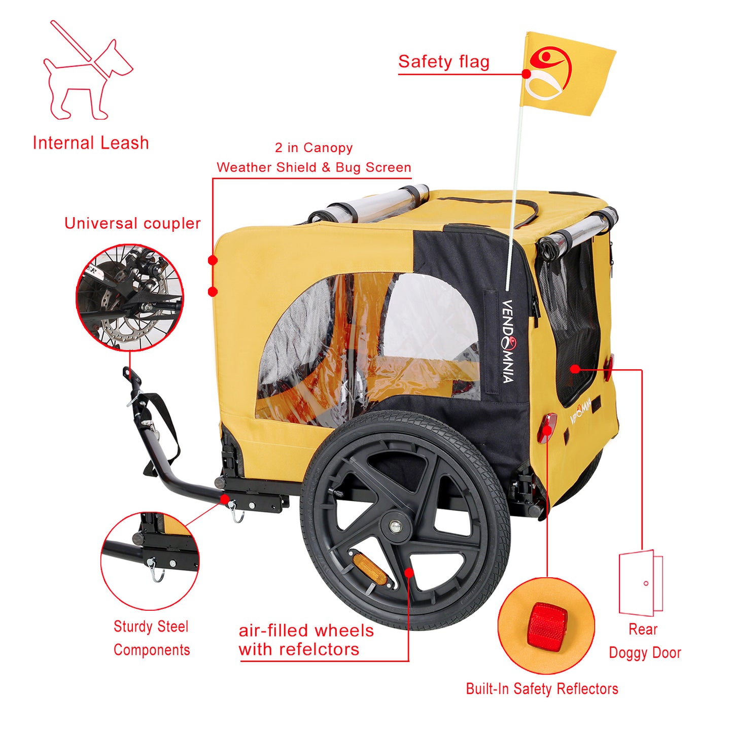 Yellow Outdoor Heavy Duty Foldable Practical Pet Stroller Dog Carrier with Bicycle Tow