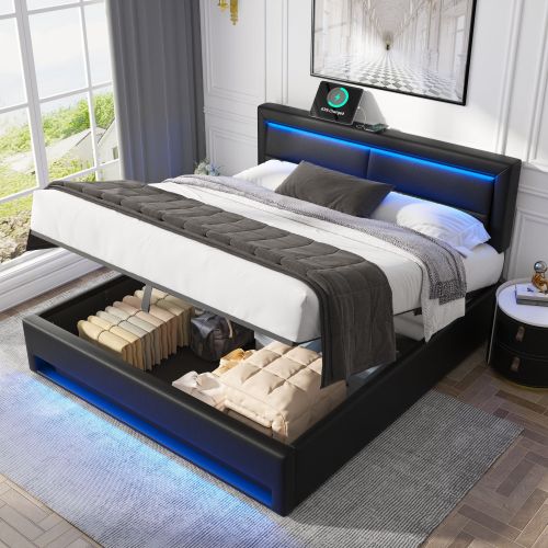 Upholstered Bed 135 X 190 McDougle Bed-4ft6, with USB Port Supports Wireless and Wired Charging, With LED Lighting and Storage Space, Without Mattress, PU-Lychee Design, Black