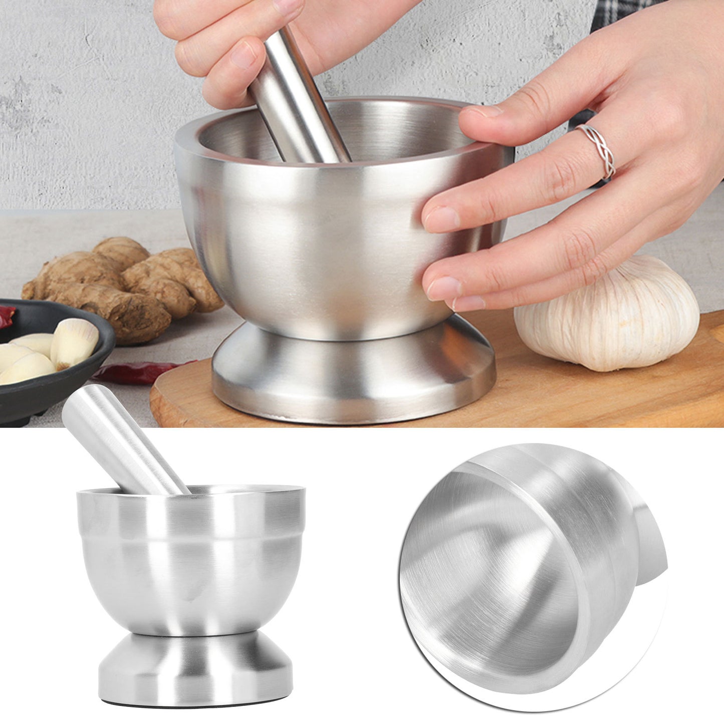 Mortar Pestle Set Stainless Steel Manual Garlic Press Grinder Crusher Kitchen AccessoryL