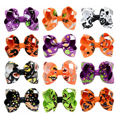 Halloween Bow Hair Clip Cartoon Printed Bow Children&#039;s Hair Accessories Head Accessories Wholesale Cross-Border Festival 751