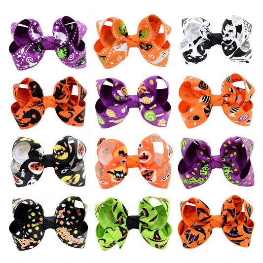 Halloween Bow Hair Clip Cartoon Printed Bow Children&#039;s Hair Accessories Head Accessories Wholesale Cross-Border Festival 751