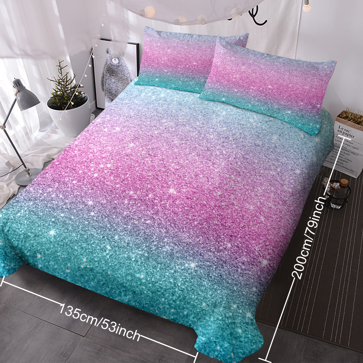 Girly Duvet Cover Rainbow Glitter Ombre Bedding Sets 3 Pcs Chic Purple Blue Green Pastel Bedspreads Sparkle Quilt Cover Set With 2 Pillow Shams