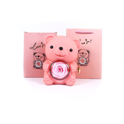 Eternal Rose Teddy Bear Gifts Box with Necklace Rotate Rose Jewelry Box Valentine Wedding Storage Gift Case for Women Girlfriend