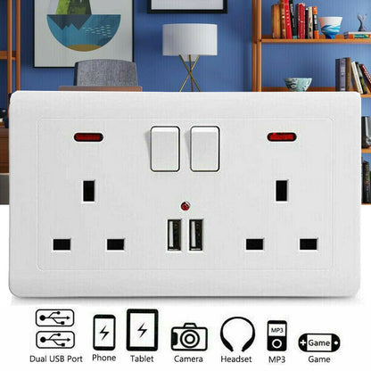 Double Wall Plug Socket 2 Gang 13A W 2 Charger USB Outlets Flat Plate UK