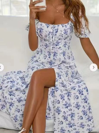 Floral Print Short Sleeve Split Dress For Summer
