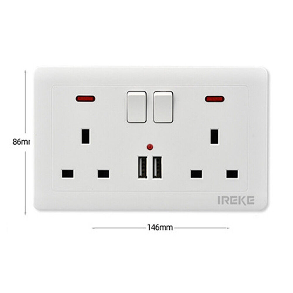 Double Wall Plug Socket 2 Gang 13A W 2 Charger USB Outlets Flat Plate UK
