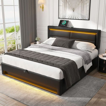 Upholstered Bed 135 X 190 McDougle Bed-4ft6, with USB Port Supports Wireless and Wired Charging, With LED Lighting and Storage Space, Without Mattress, PU-Lychee Design, Black