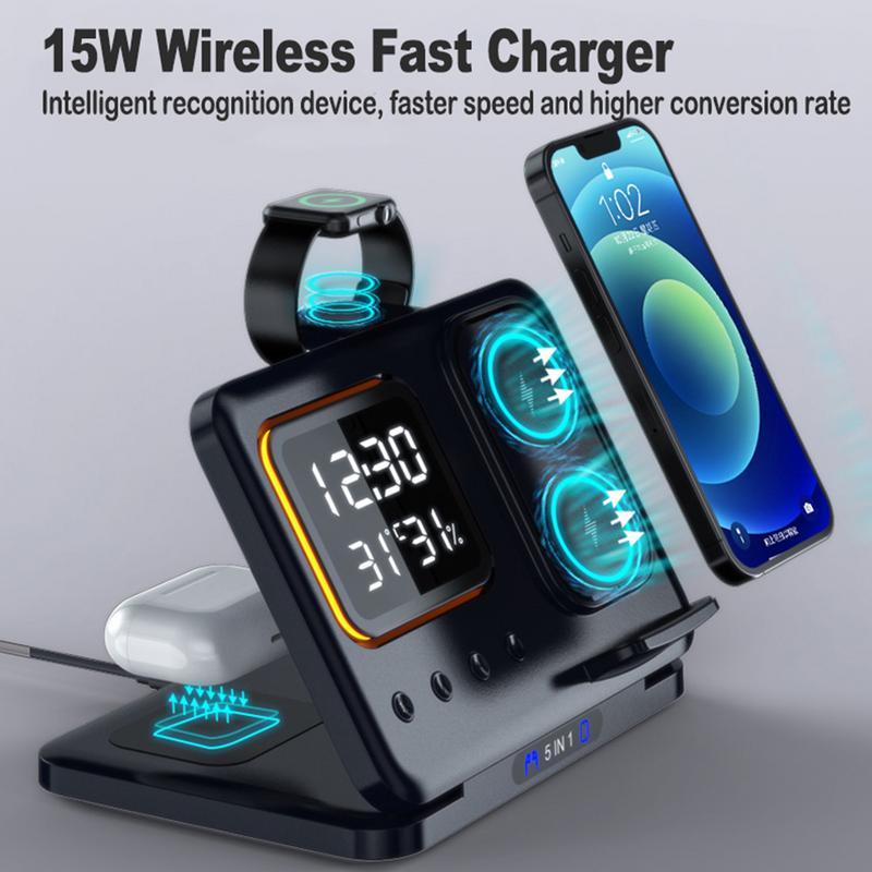 15W Wireless Chargers Stand 5 In1 LED Digital Alarm Clock Fast Charging