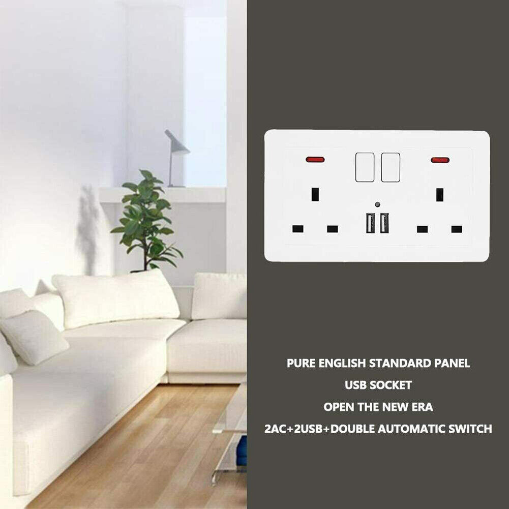 Double Wall Plug Socket 2 Gang 13A W 2 Charger USB Outlets Flat Plate UK